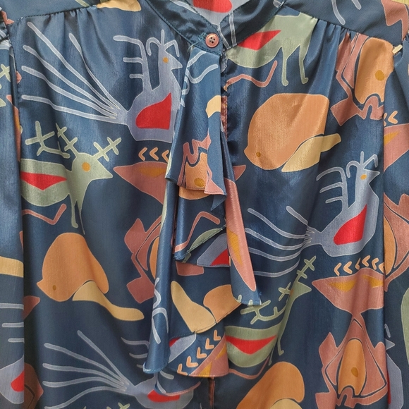 Vintage Art Deco Dress Tribal Print w/ Pockets & Pussybow Neckline - Picture 13 of 16